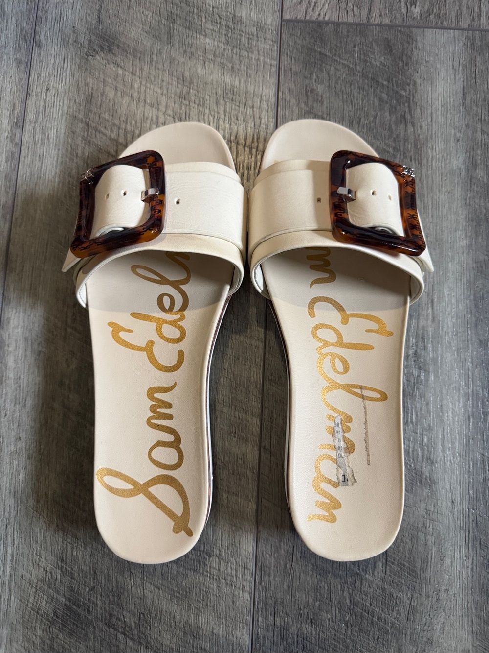 Sam Edelman Cream Slide Sandals with Tortoiseshell Buckle Accent